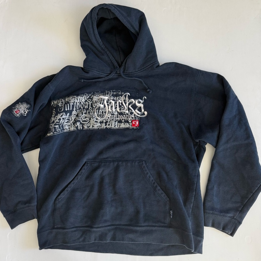 Jack's Surfboards Hoodie Mens 2XL Blue Fleece Pullover Sweatshirt‎ Graphic Logo